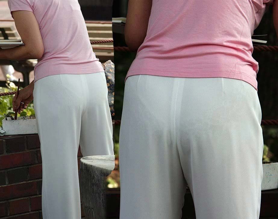 【エロ画像】目の前にいた素人女性たちの尻を見たら、パンツが透けちゃってた