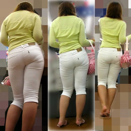 【エロ画像】前の素人女性を見たら、お尻から透けパン