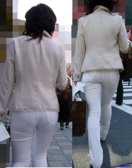 【エロ画像】前の素人女性を見たら、お尻から透けパン