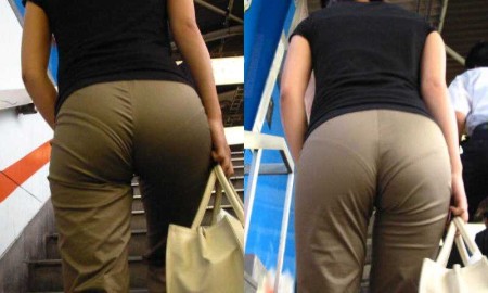 【エロ画像】前の素人女性を見たら、お尻から透けパン